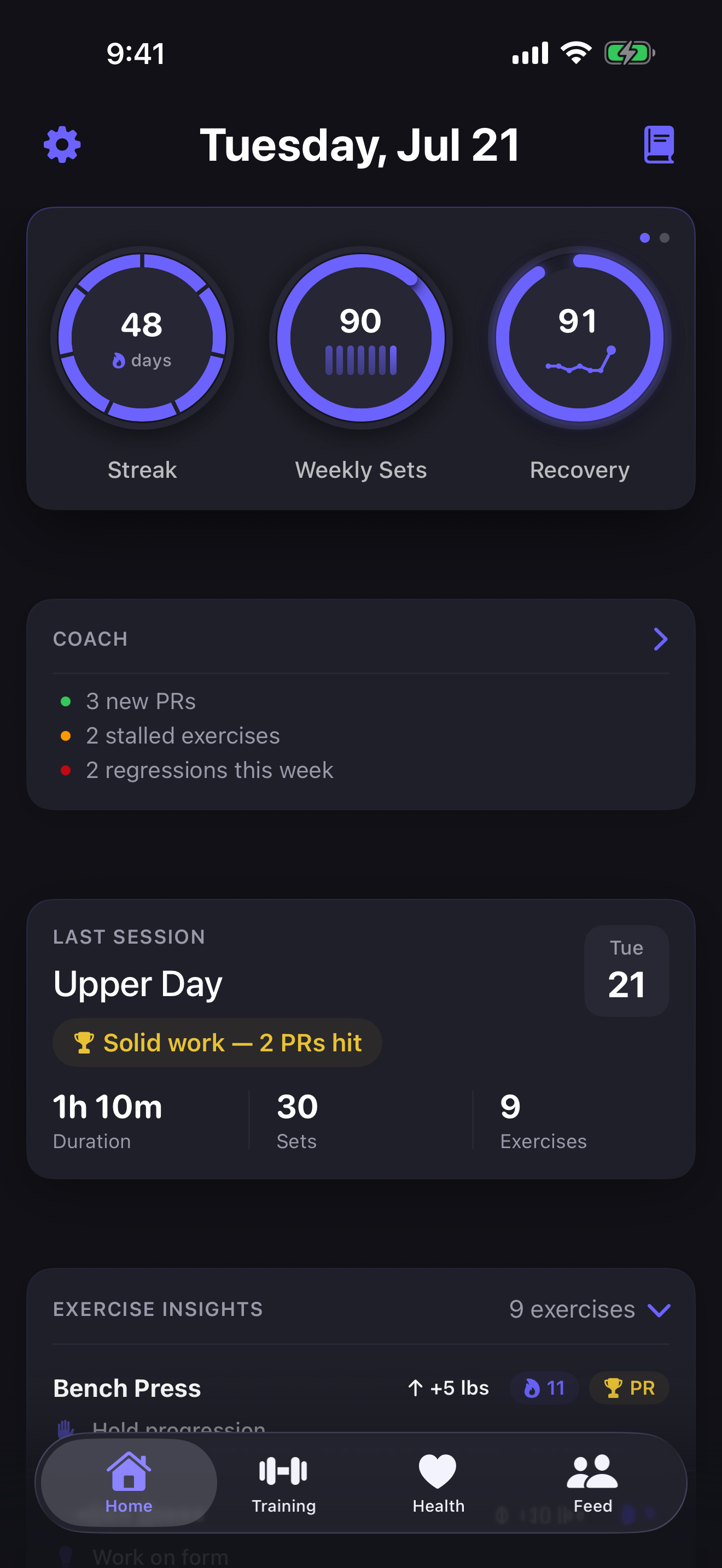 Relm home dashboard showing streak, weekly sets, recovery, coaching, and the last workout