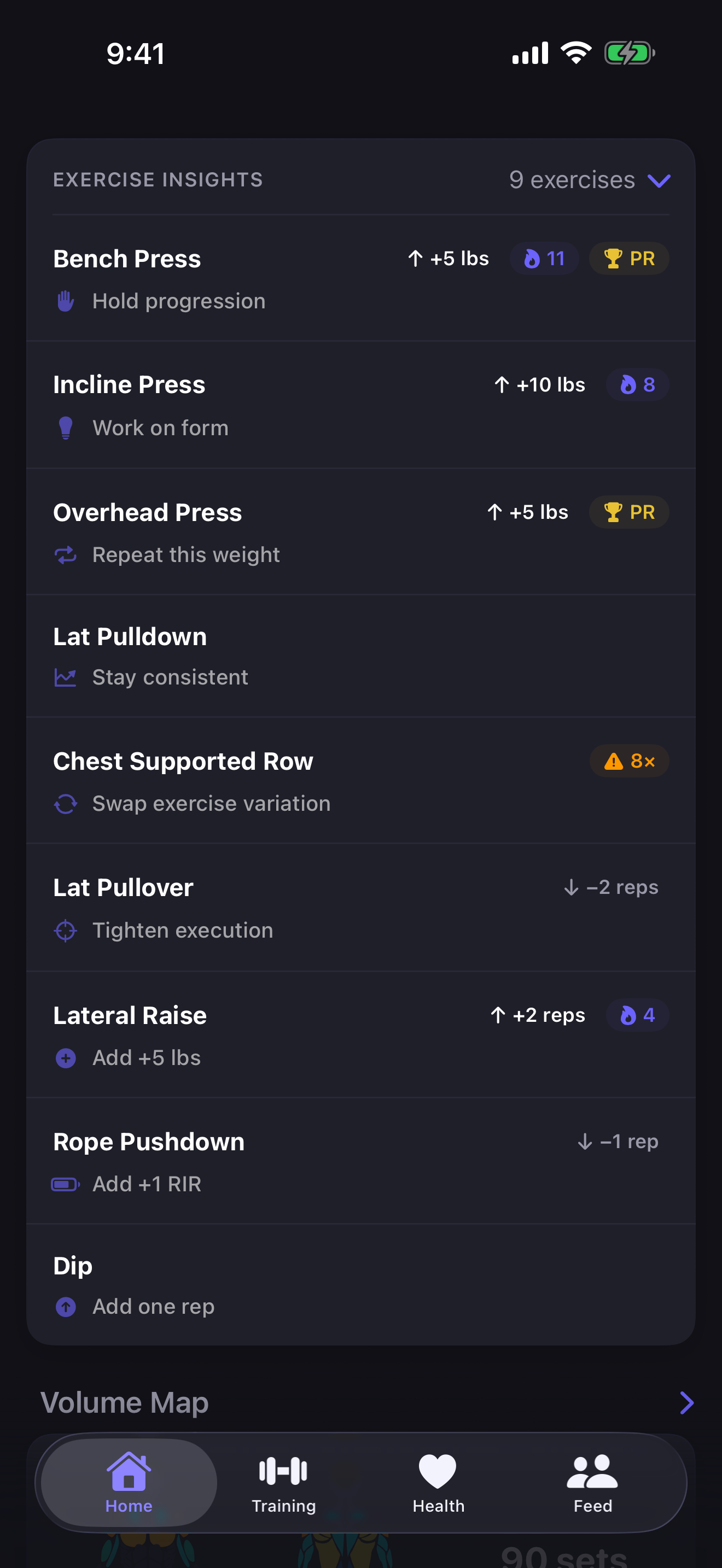 Relm exercise insights showing per-exercise changes, PRs, and next-workout recommendations