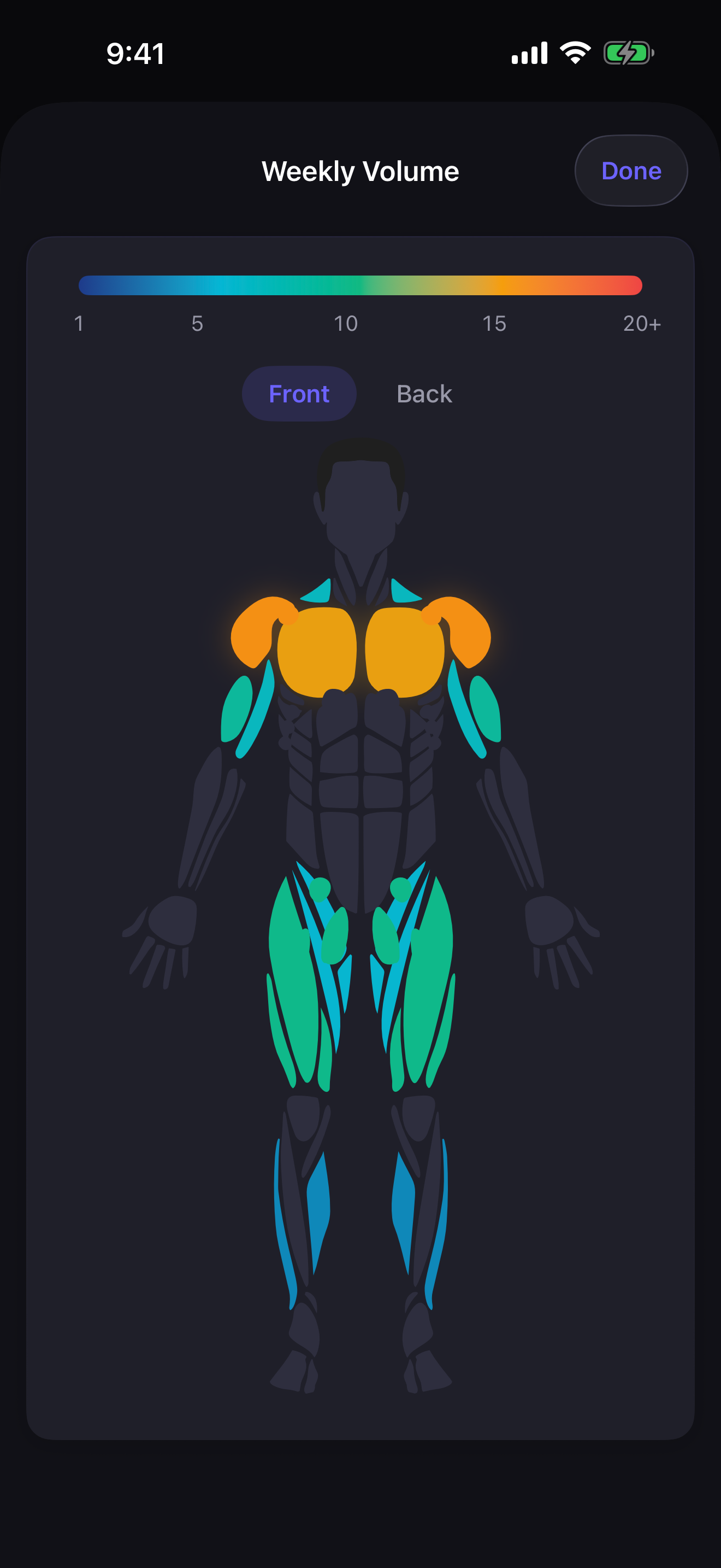 Relm weekly training volume map showing sets completed for each muscle group