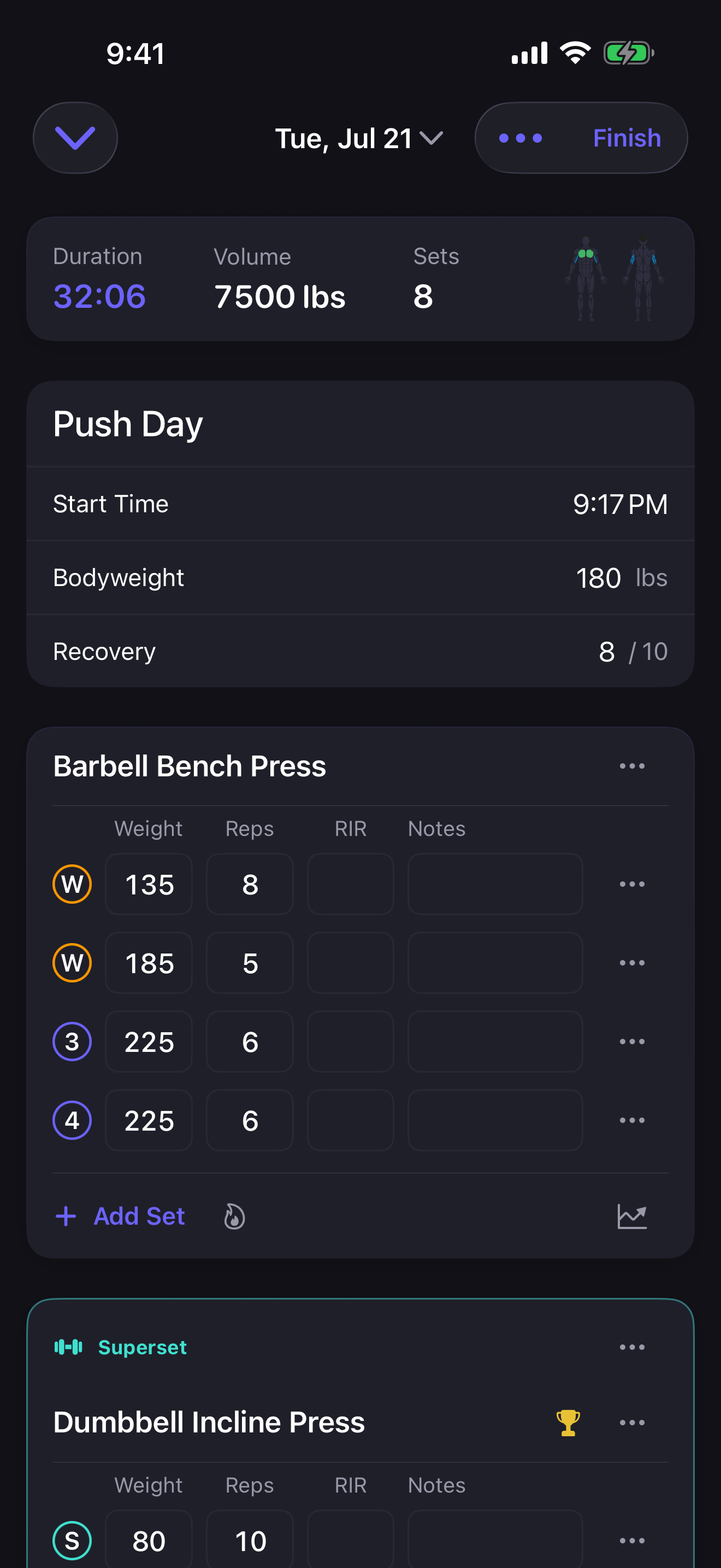 Relm active workout screen with warm-up sets, a superset, working sets, and a live rest timer