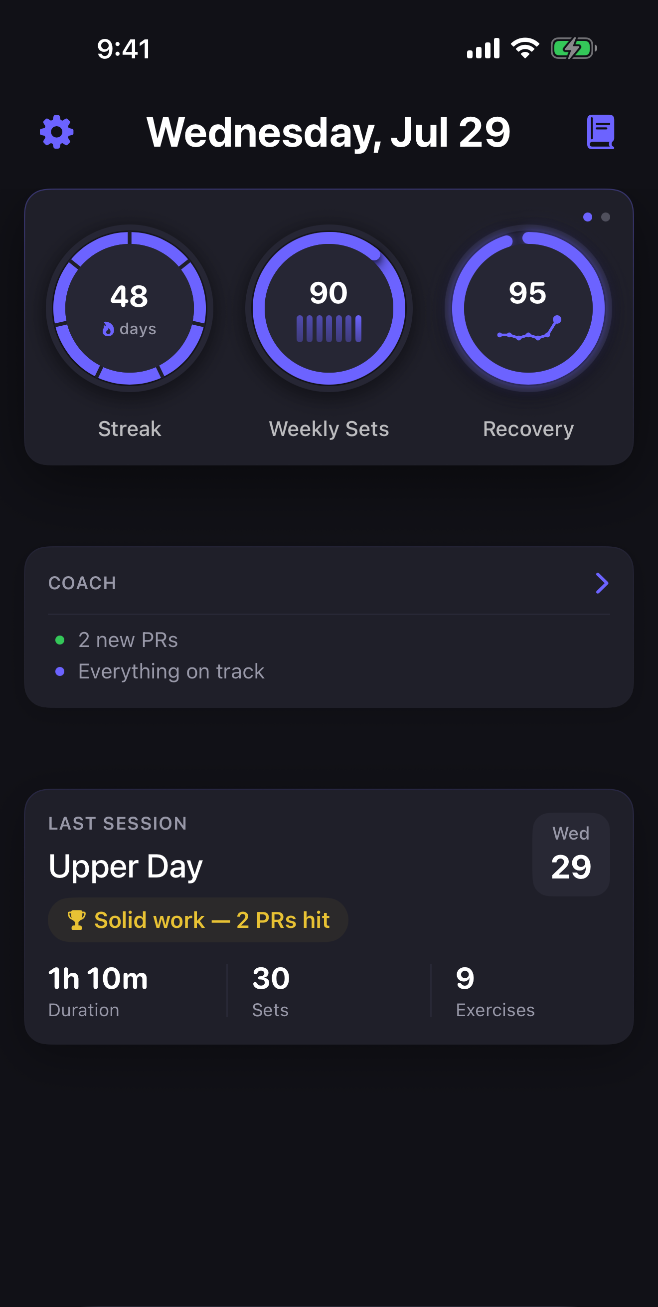 Relm home dashboard showing streak, weekly sets, recovery, coaching, and the last workout