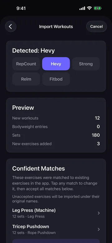 Relm's import review: the detected format, a preview of workouts and sets, and confident exercise matches